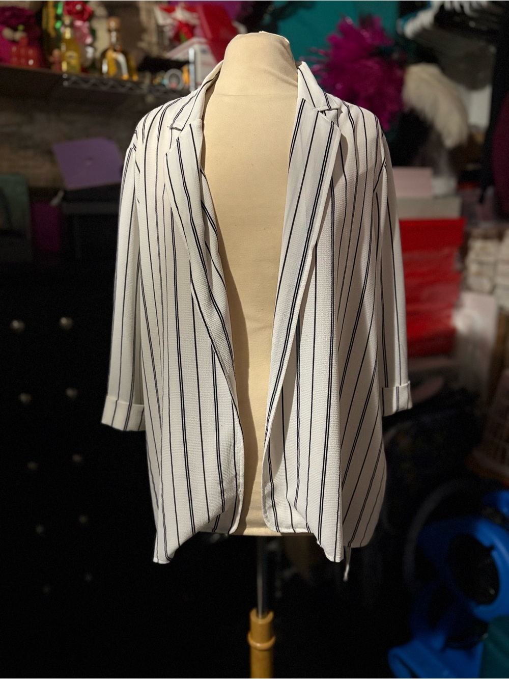 Striped Open-Front White & Black Blazer Jacket